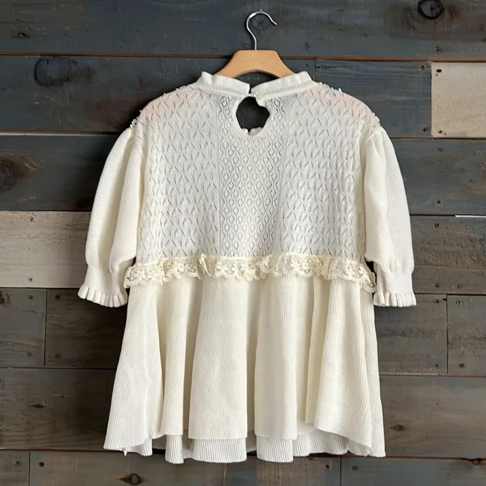 Zara Crochet Laced Knit Babydoll Top Size M Cream Short Sleeves